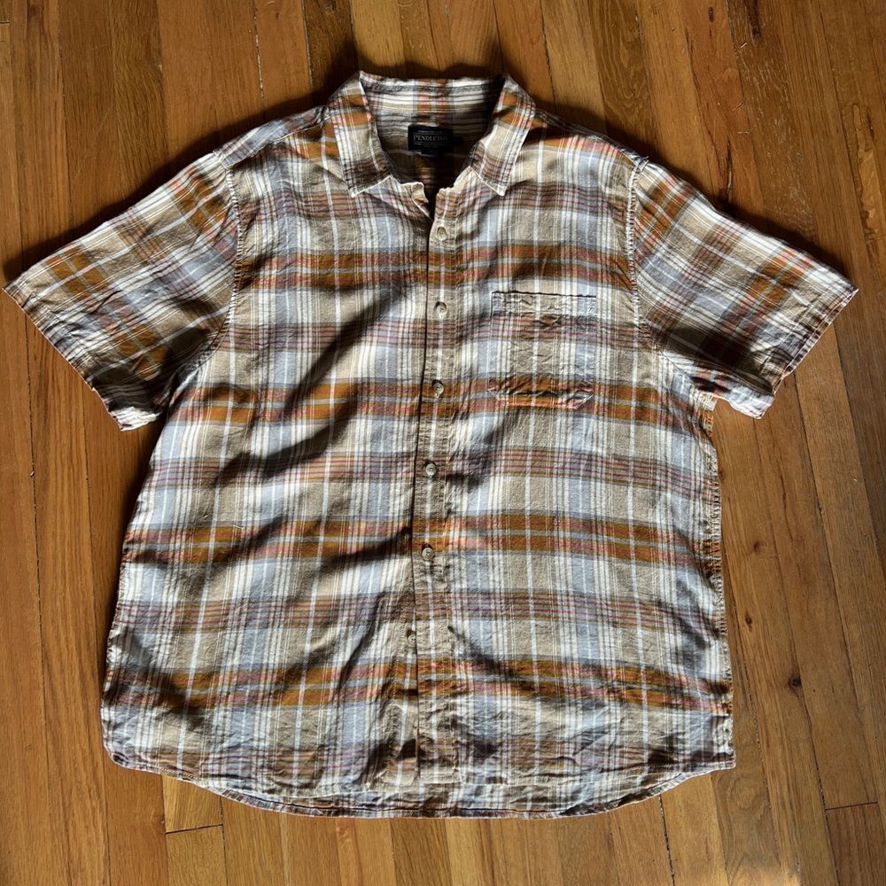 Pendleton tan and gray plaid linen short sleeve button up